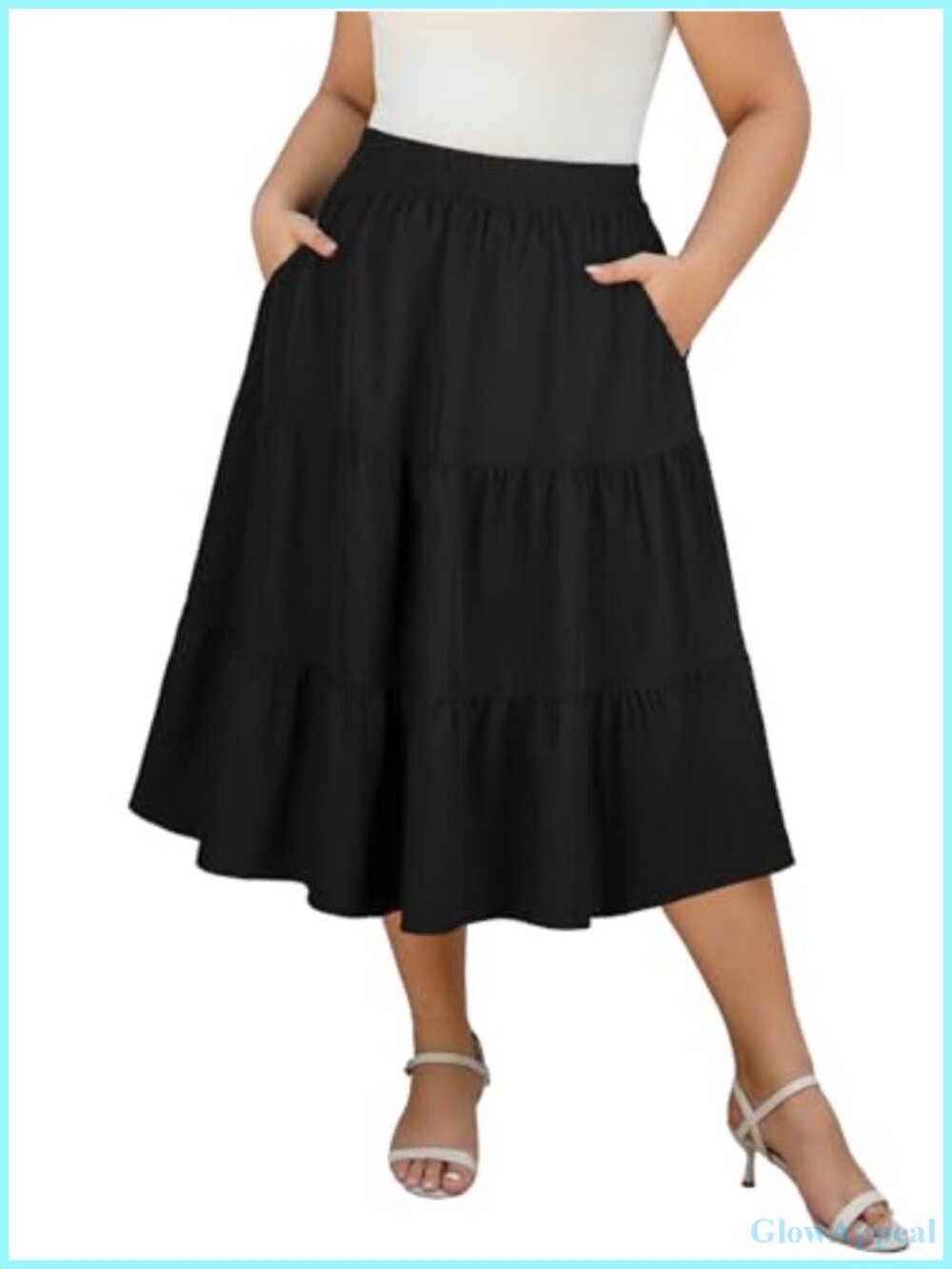 Plus Size A-Line Midi Skirt with Pockets Tiered Viscose Blend Lightweight